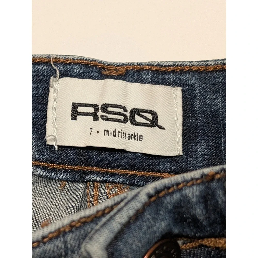 RSQ Girls Blue Distressed Mid Rise Ankle Jeans Size 7‎ Ripped Denim Slim Leg